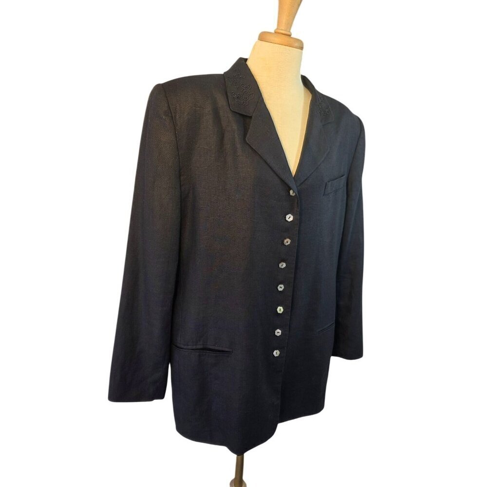 Valerie Stevens 80s 100% Linen Blazer Women Sz 16 Navy Blue Embroidered Collar